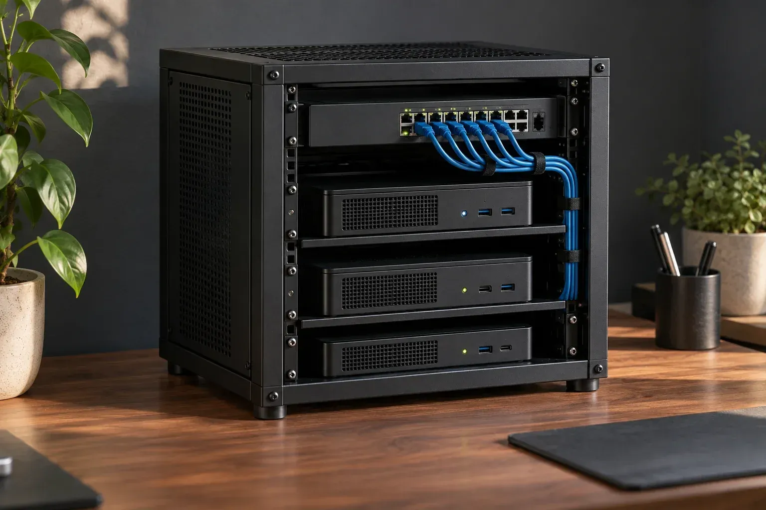 Illustrative compact black equipment rack with small computers and blue network cables.