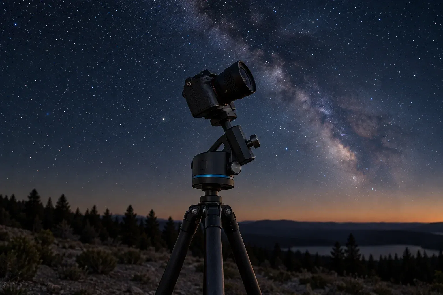 Illustrative camera tracking mount on a tripod beneath a star-filled night sky.