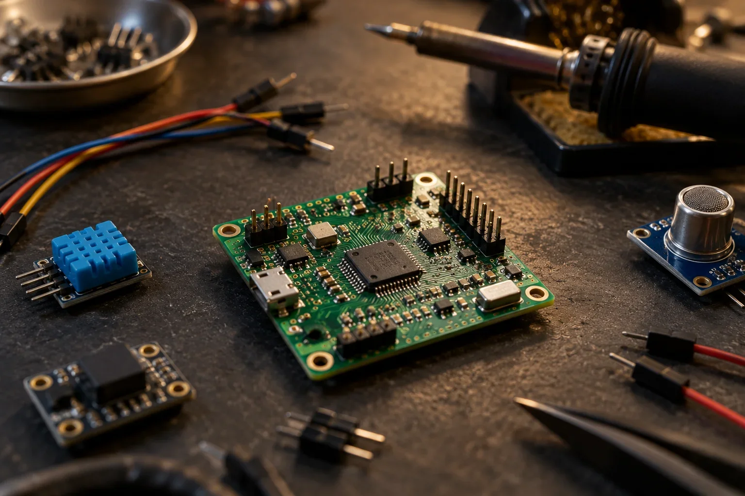 Sample illustration of a circuit board, sensor components and a soldering tool.